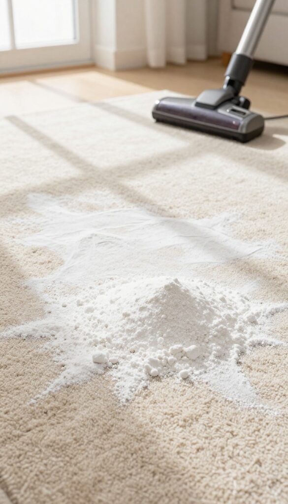 Baking soda sprinkled on a carpet for odor absorption