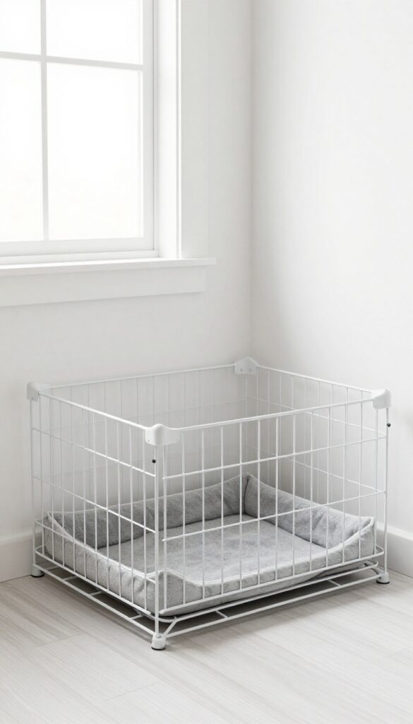 White wire crate with attached metal run in a bright mudroom, soft dog bed inside, artificial turf in run area, natural light