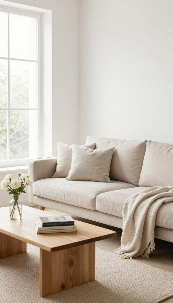 A calm, clutter-free living room with natural light, a clean coffee table, and a cozy sofa, embodying a weekly reset.