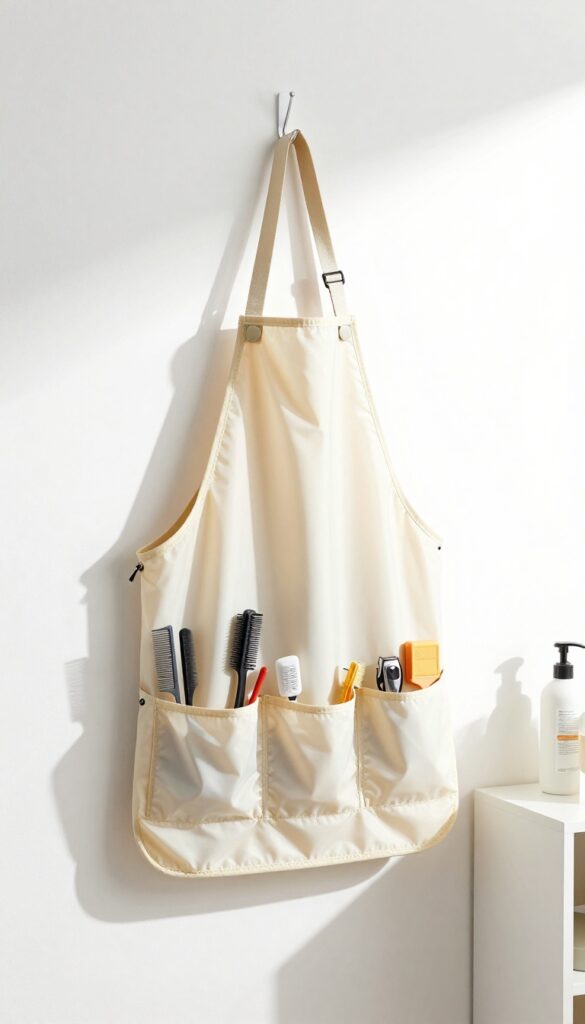Waterproof dog grooming apron with multiple pockets holding grooming tools, hanging in a bright home grooming space.