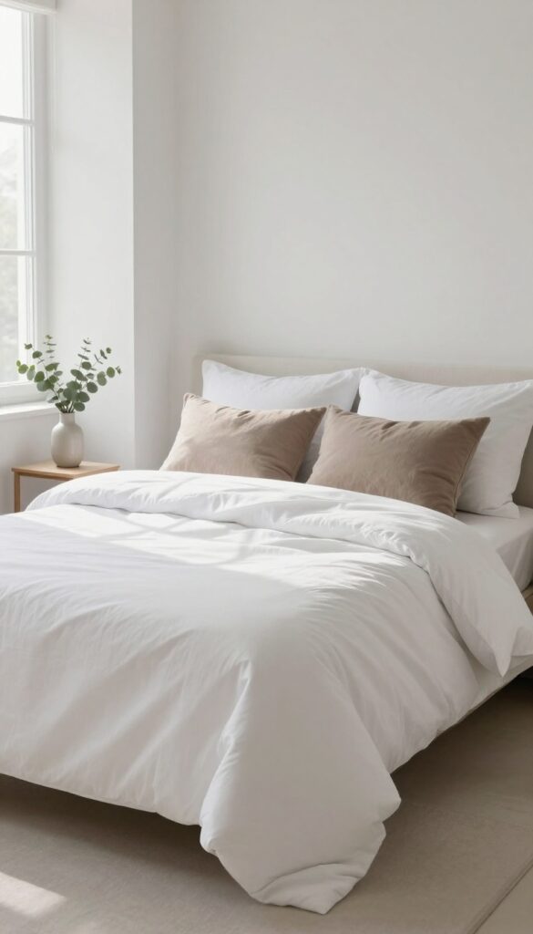 Freshly made bed with white linens in a bright, minimalist bedroom