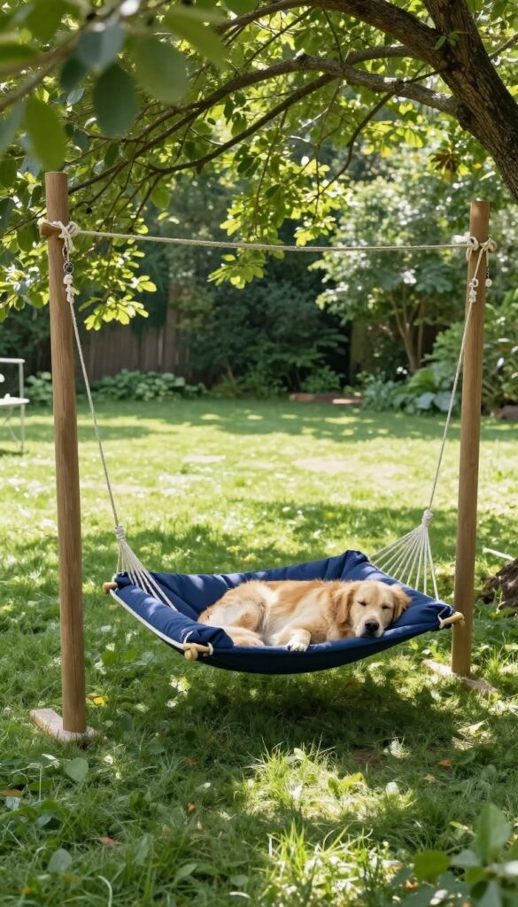 A golden retriever relaxing in a hammock-style dog bed suspended between two trees in a sunny backyard.