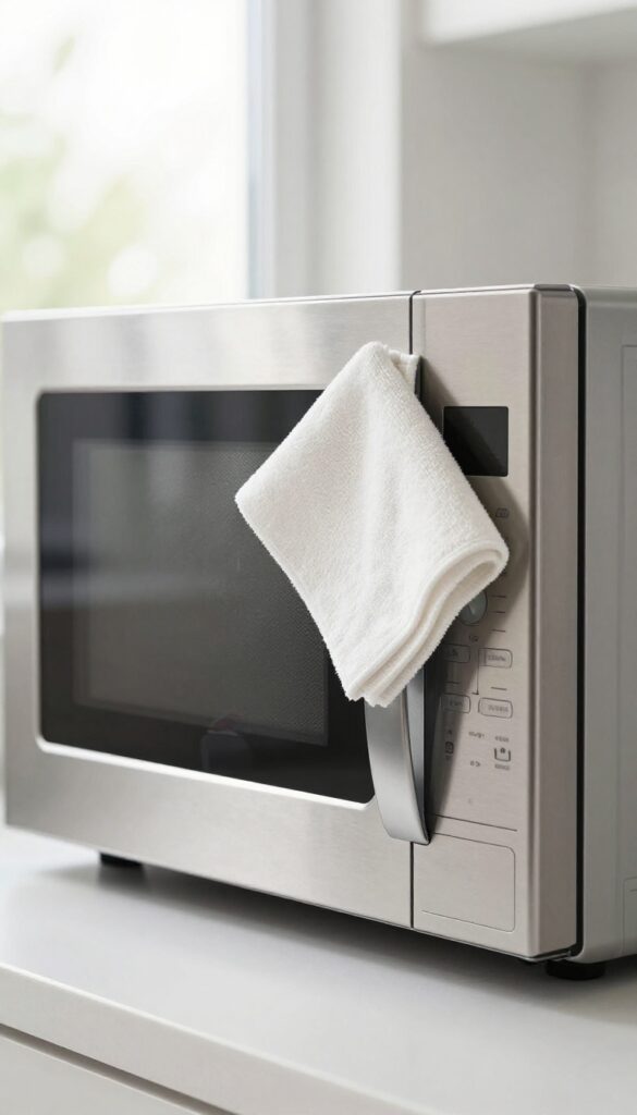 Cleaning the exterior and control panel of a stainless steel microwave with a microfiber cloth.