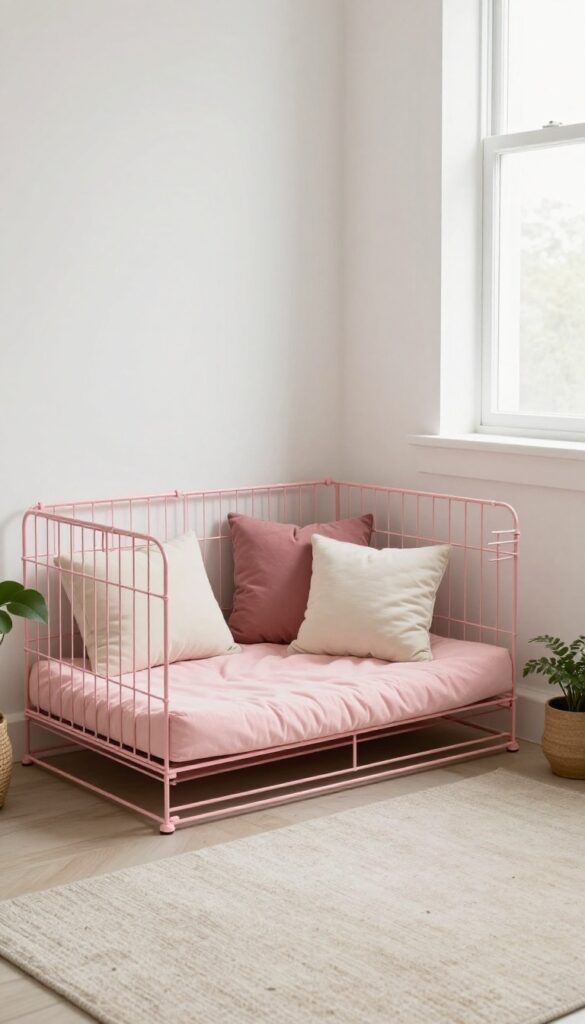 Blush pink wire dog crate with cozy bed and pillows in a bright living room corner