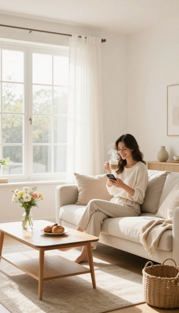 Woman relaxing on sofa with coffee after cleaning, bright living room