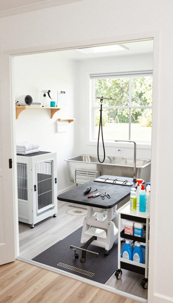 Well-zoned dog grooming trailer interior with intake, grooming, and bathing areas for efficient workflow.