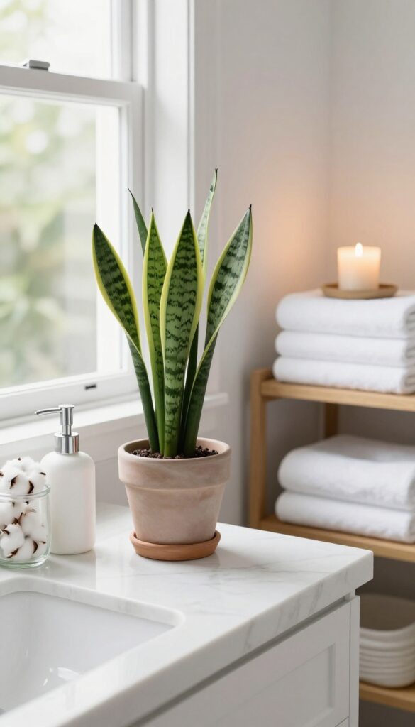 Clean bathroom counter with plant, folded towels, candle, and glass jar