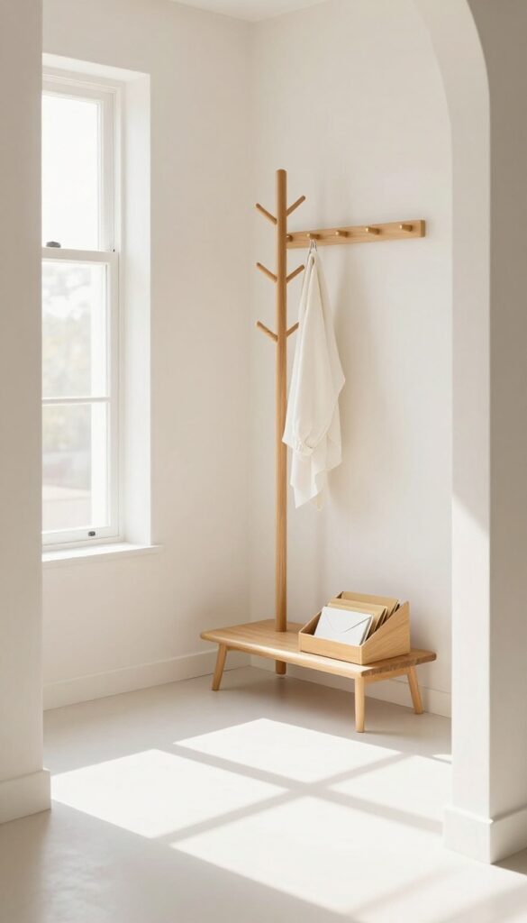Clean entryway with coat rack and mail sorter, no clutter