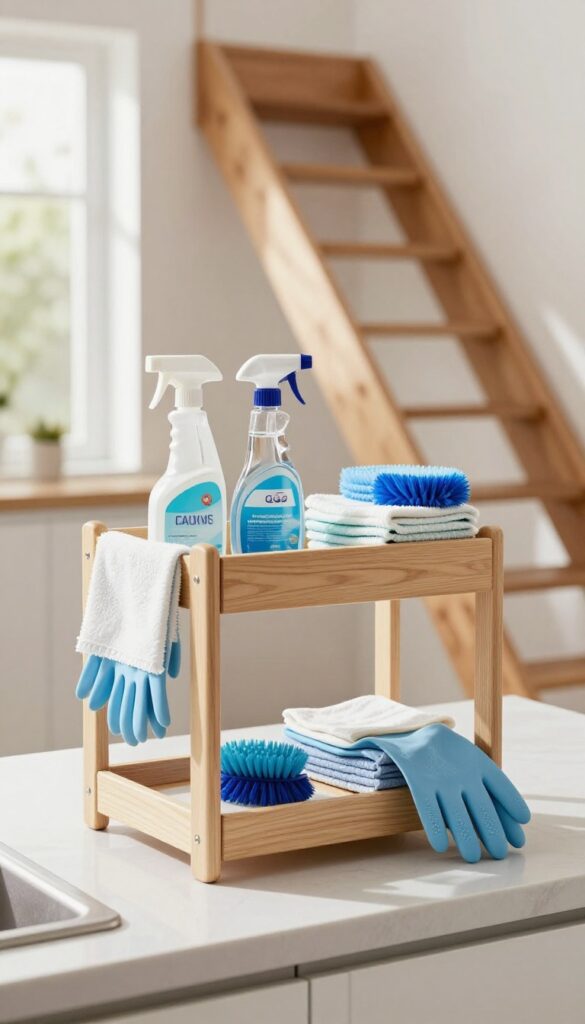 A cleaning caddy stocked with supplies on a kitchen counter near a staircase, representing a cleaning caddy for each floor.