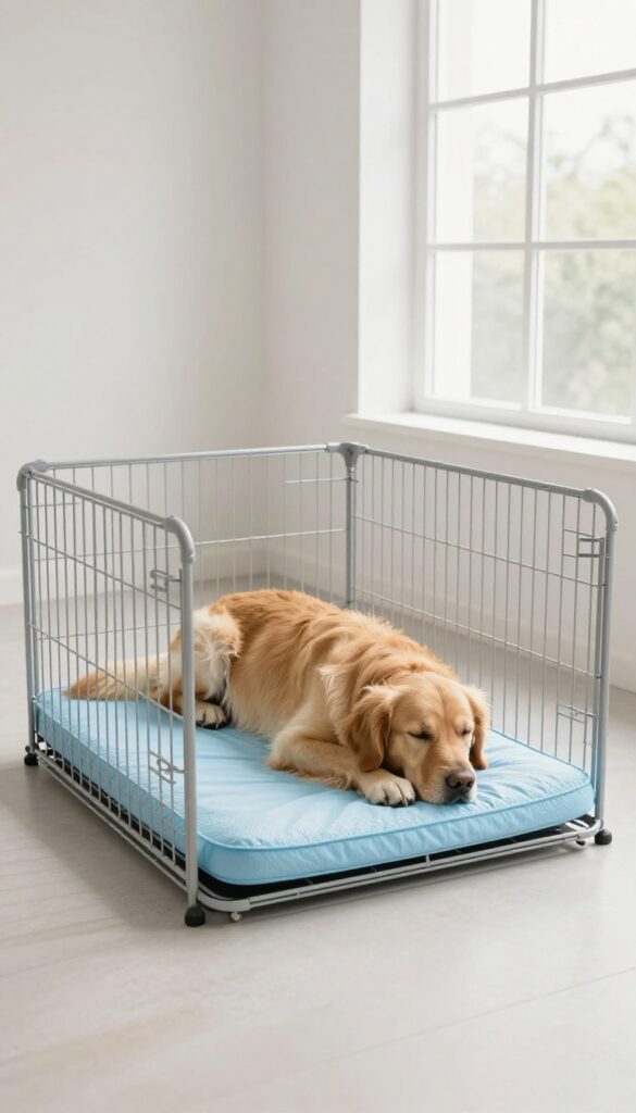 Dog crate with cooling gel pad and golden retriever lying on it in a bright room