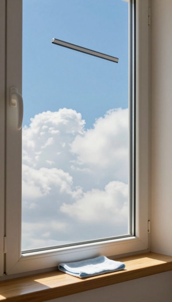 A person cleaning a bedroom window with a squeegee, leaving streak-free glass that reflects a clear sky