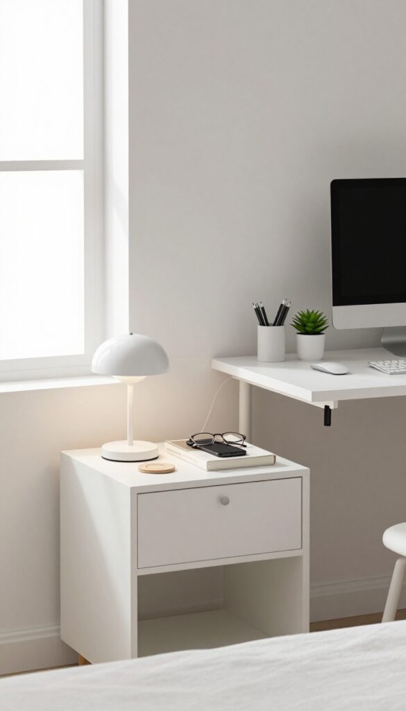 Clean nightstand and desk with organized items, lamp, plant, and cord management in bright natural light