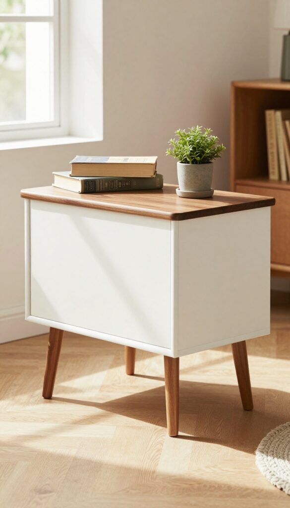 Mid-century modern dog kennel end table with tapered legs and walnut top in a bright living room