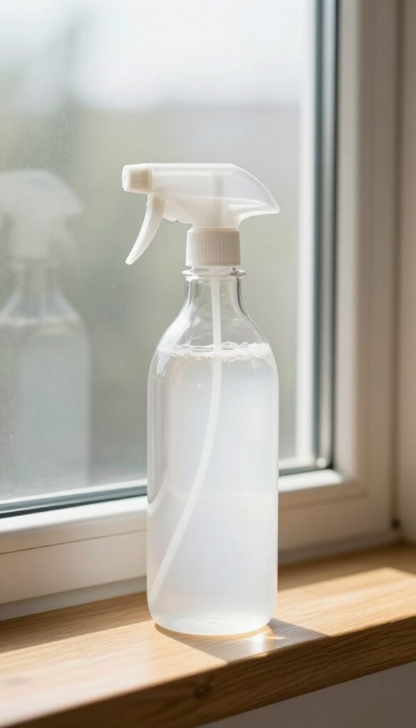 Club soda spray bottle on windowsill with streak-free glass
