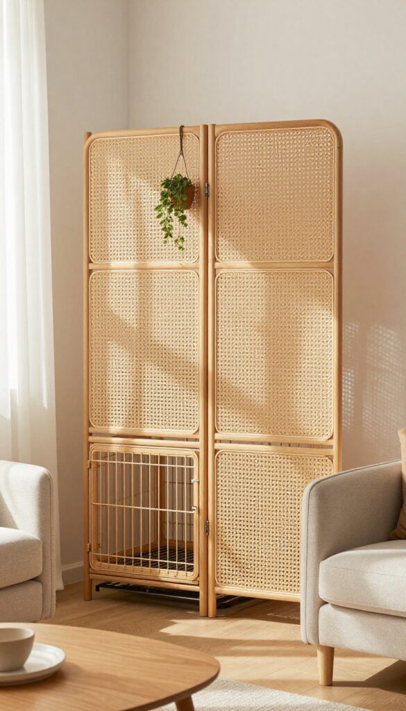 Woven rattan room divider hiding a dog crate in a bright living room