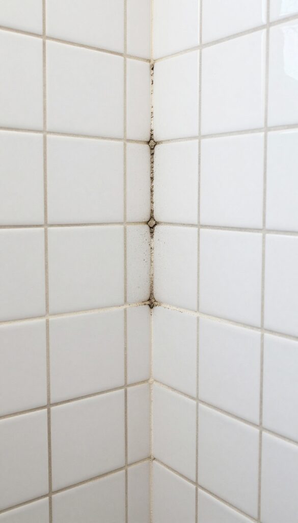 Close-up of cracked and moldy shower grout with a grout saw, indicating grout replacement process