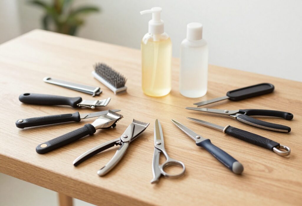 Dog grooming supplies arranged on a wooden table including clippers, brushes, shears, shampoo, and nail grinder.