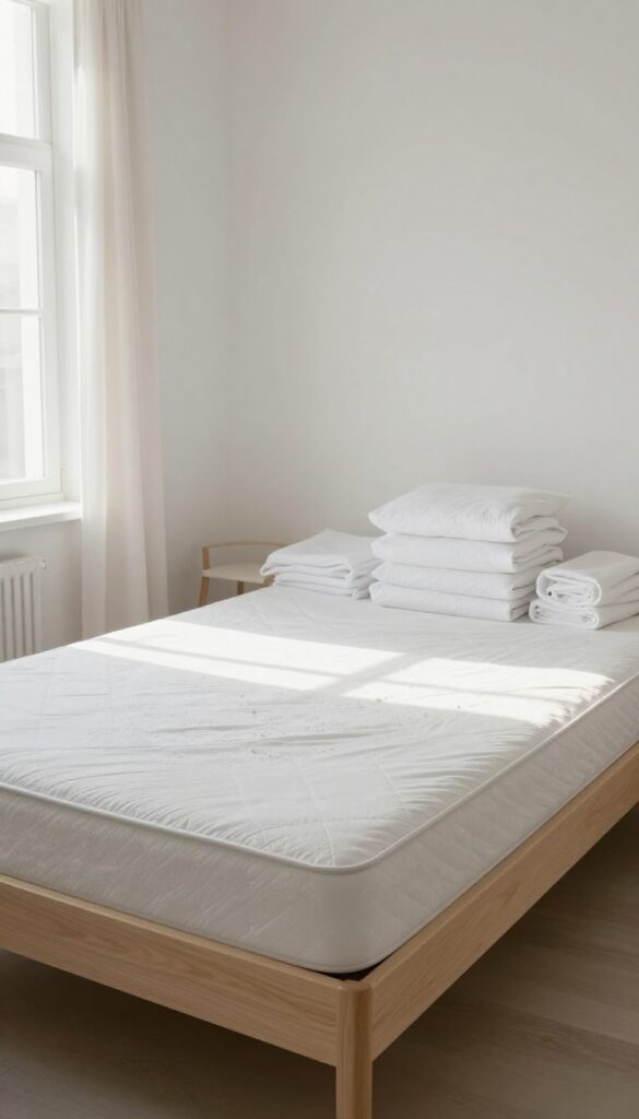 A bright bedroom with a mattress covered in baking soda and fresh white bedding nearby, representing mattress and bedding refresh during deep cleaning.