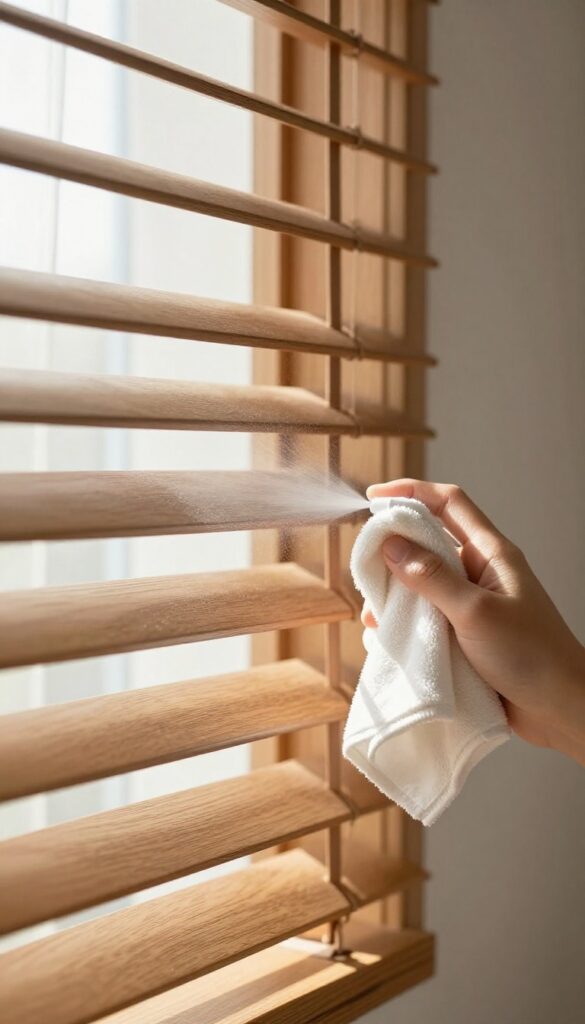 Hand applying dust repellent spray to clean faux wood blinds with a microfiber cloth in bright natural light