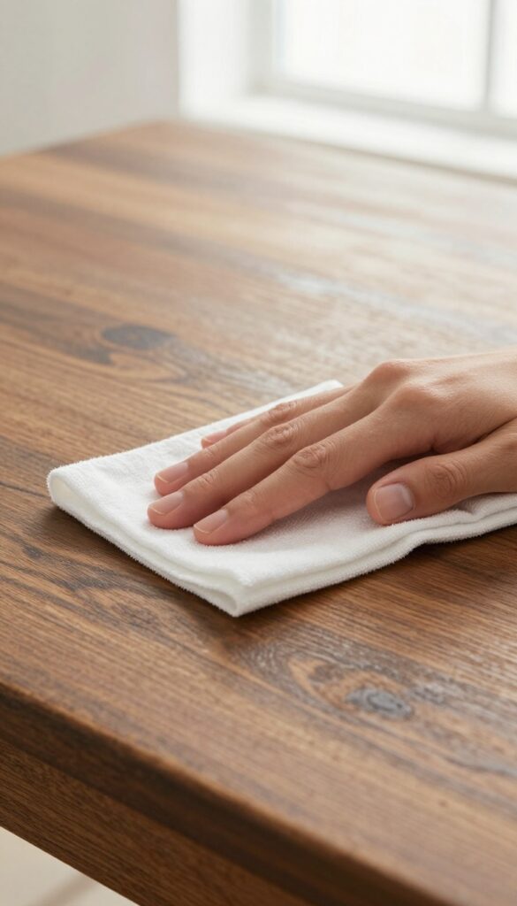 Hand wiping old wood furniture with a damp cloth, warm natural light, photorealistic
