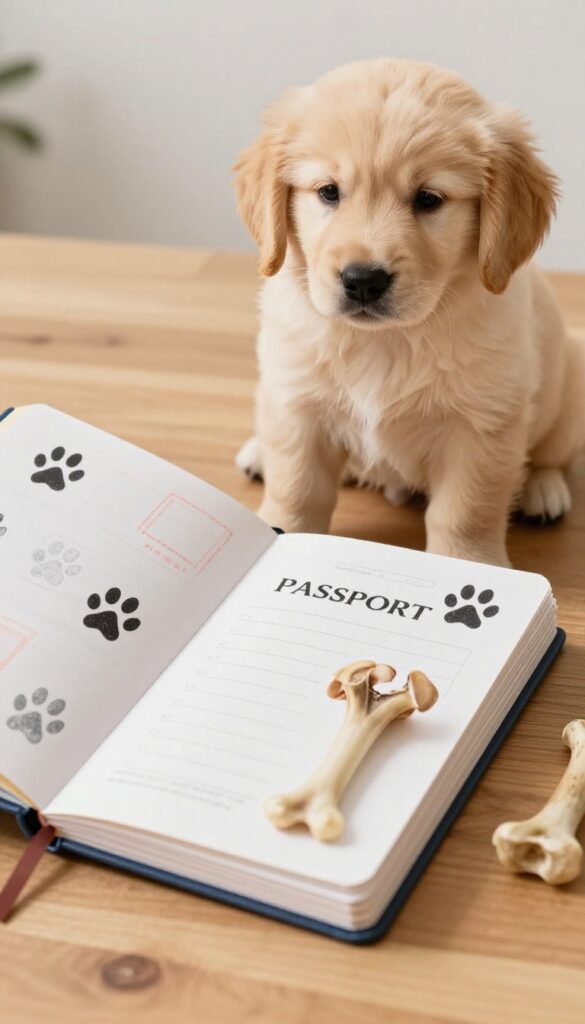 A dog grooming passport loyalty program booklet with stamps, next to a golden retriever puppy.