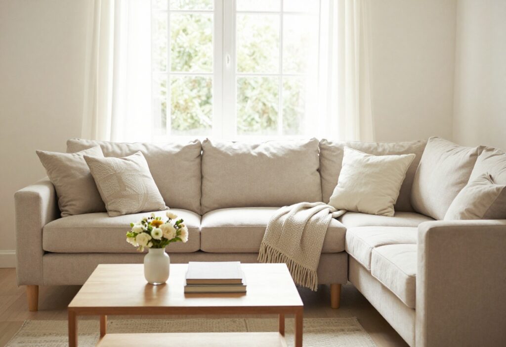 A clean and cozy living room ready for guests, with a sofa, pillows, blanket, and flowers on the coffee table.
