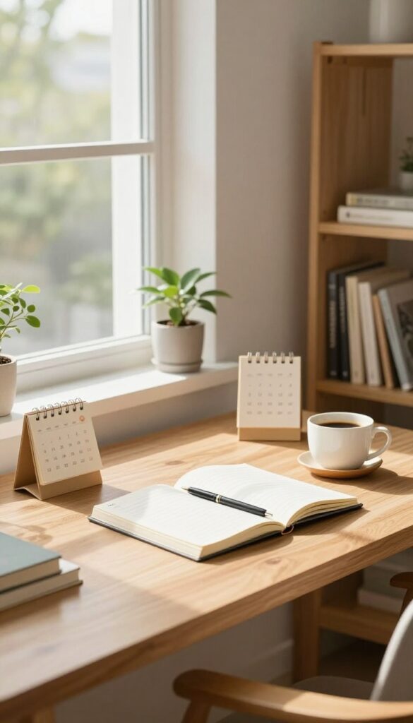 A clean and organized desk with a planner, calendar, and coffee, representing a monthly review and reset for cleaning habits.