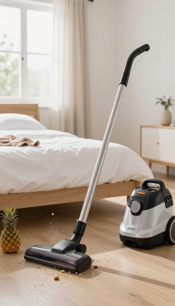 Vacuum crevice tool cleaning under a bed, removing dust and clutter
