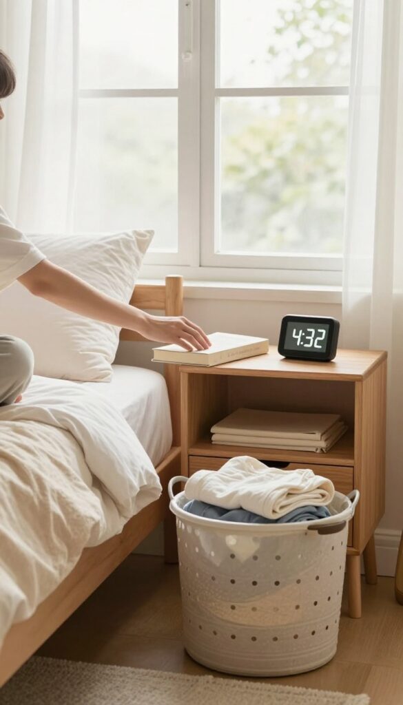 Person tidying a bedroom quickly with a timer visible, capturing the five-minute frenzy cleaning method.