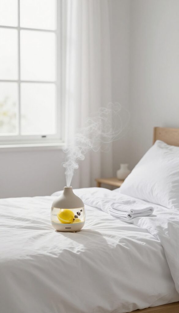 Bright bedroom with open window, curtains blowing, and essential oil diffuser on bedside table, creating fresh and clean atmosphere.