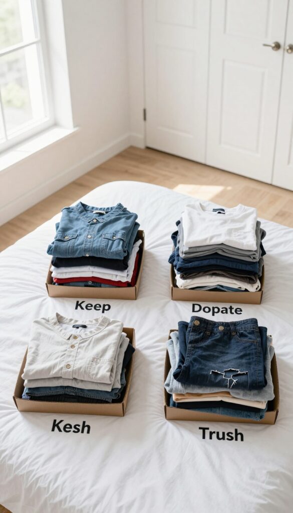 Four boxes labeled Keep, Donate, Repair, and Trash filled with clothing on a bed, natural light, clean composition.