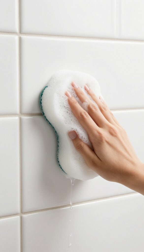 Hand scrubbing a glossy white shower tile with a wet melamine foam sponge, bright natural light, clean and shiny surface.