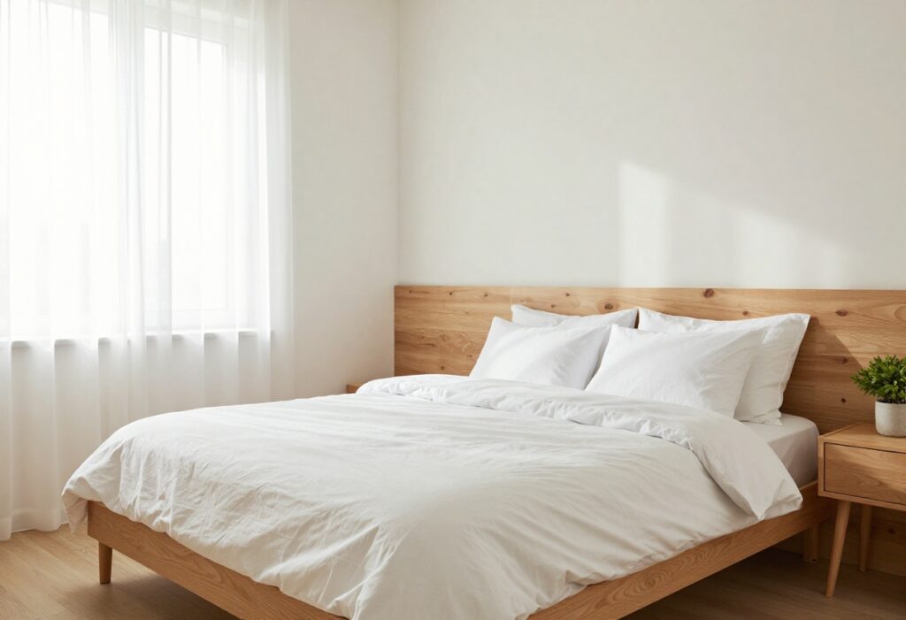 Clean and organized bedroom with fresh white bedding and natural light