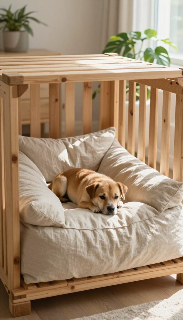 DIY bolster bed from old pillows in a dog crate, cozy sleeping corner with dog resting on plush pillows.