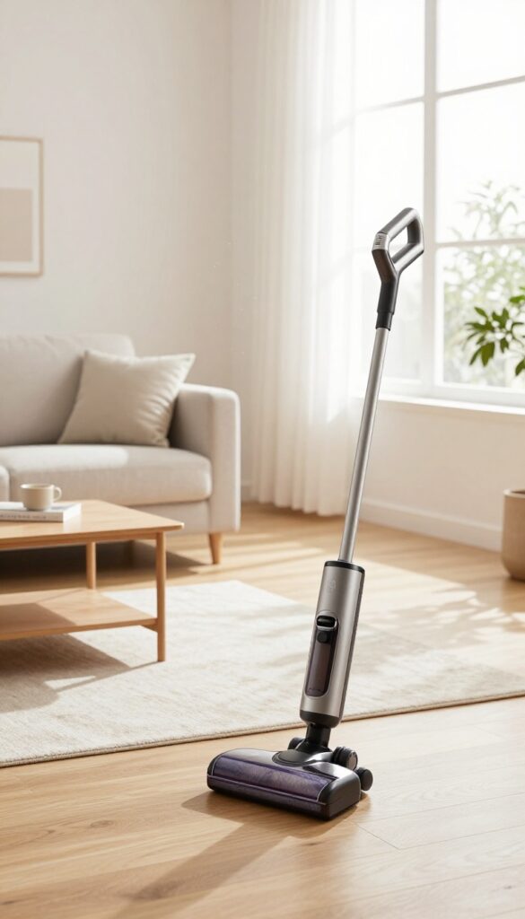 A person vacuuming a living room floor near a sofa and coffee table in bright natural light