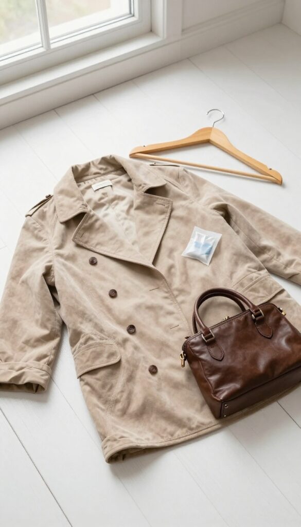 Breathable cotton garment bag with suede jacket and leather handbag on floor
