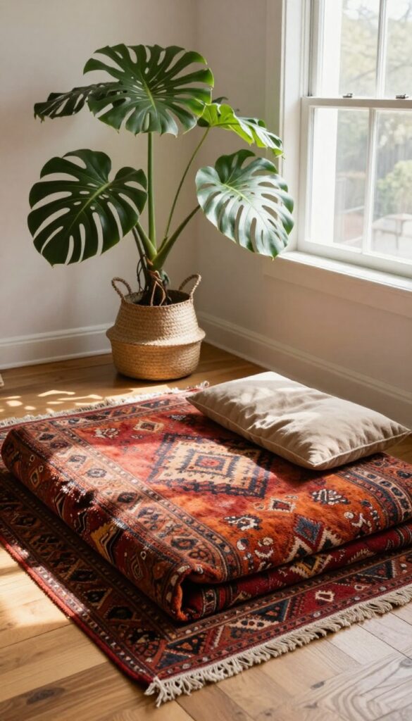 Upcycled vintage rug dog bed in a boho living room with plants and natural light