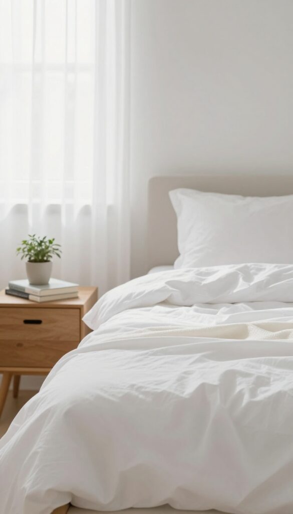 A clean, minimalist bedroom with a made bed and morning sunlight, representing a peaceful morning routine.