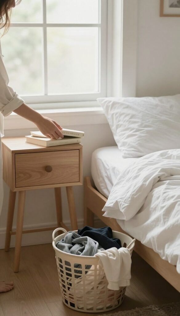 A clean, organized bedroom with natural light, a hand tidying a book on a nightstand, and a laundry basket on the floor.