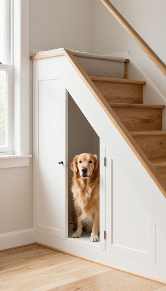 Under-stairs dog crate nook with built-in cabinet and slatted door, dog peeking out, bright natural light, clean home decor
