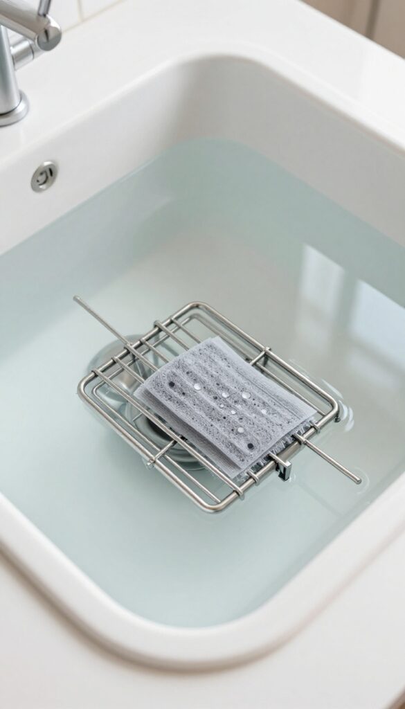 Stove grates soaking in hot water with dryer sheets to remove baked-on grease.