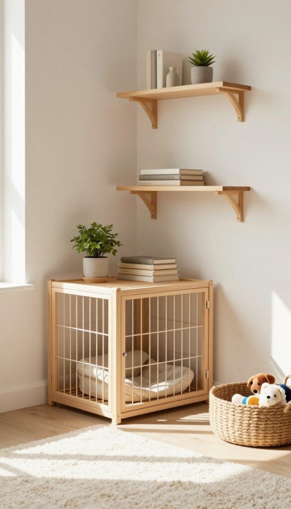 Corner crate unit with floating shelves above, holding plants, books, and a basket, in a bright living room.