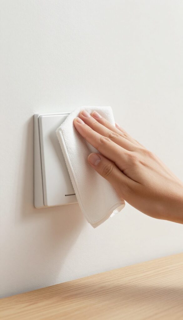 Hand sanitizing a light switch with a disinfectant wipe in a bright, clean home