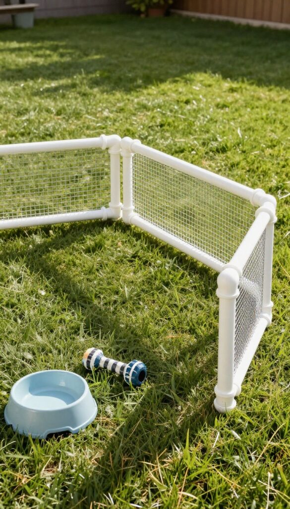 Modular PVC pipe dog run for small dogs in a backyard