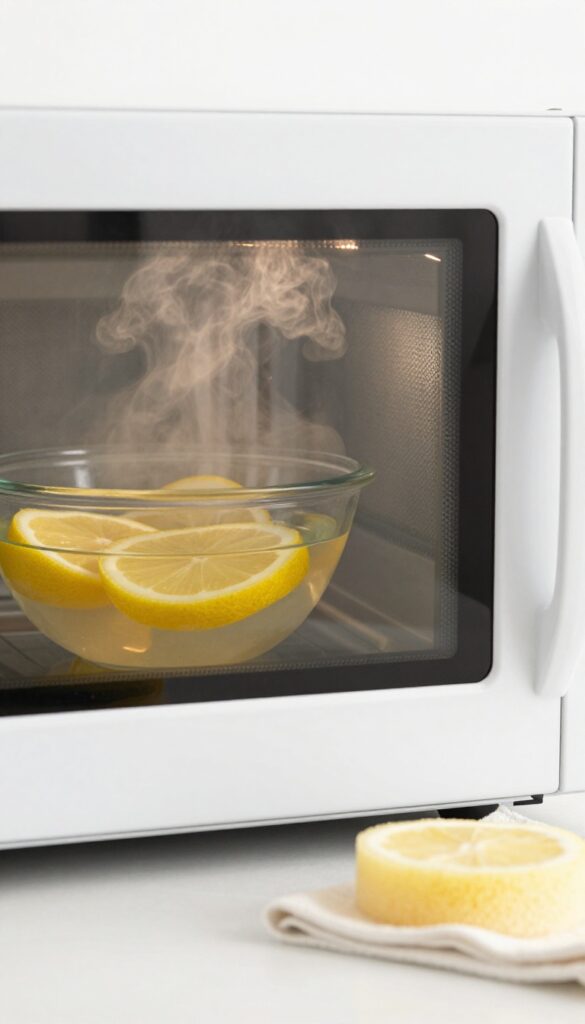 Steam rising from a bowl of water and lemon slices inside a clean microwave, with a cloth nearby.