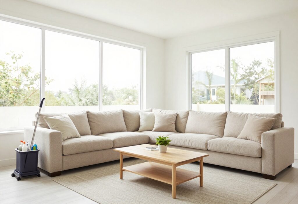 Clean living room with natural light and cleaning supplies