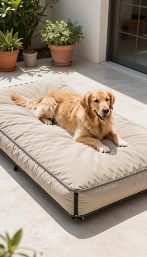 A golden retriever lounging on a crib mattress dog bed with outdoor fabric cover on a sunny patio.