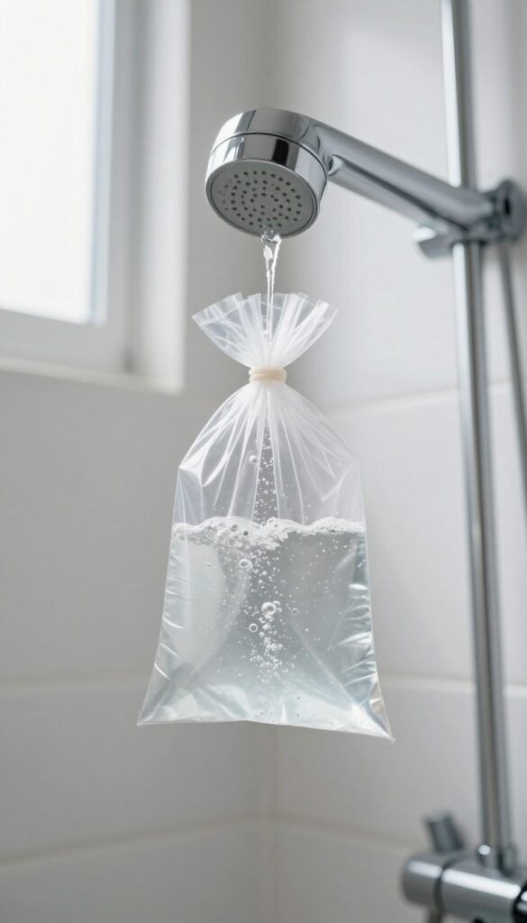 Chrome shower head soaking in clear bag with citric acid solution for descaling