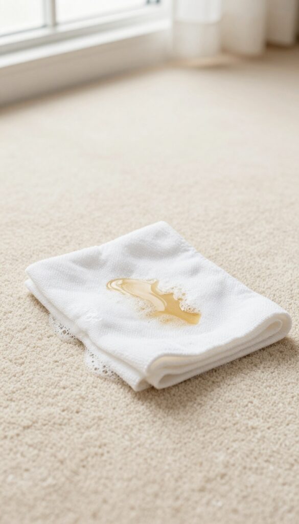 Blotting a grease stain on a beige carpet with a white cloth and soapy water solution