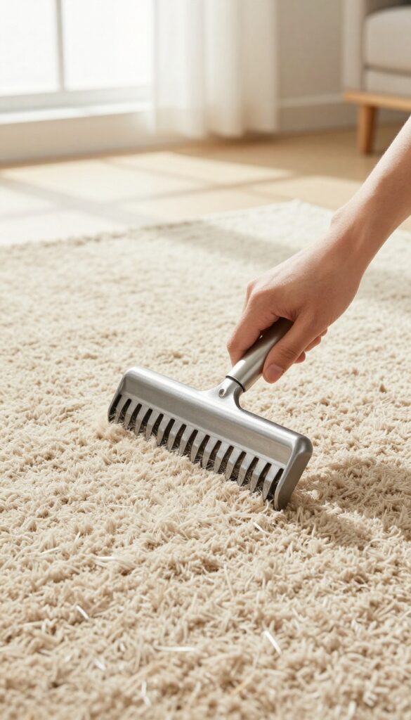 Hand using a carpet rake to fluff a beige shag rug in a bright living room
